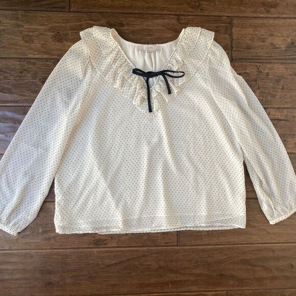 LOFT Tops - Loft Ivory Black & White Polka Dot Blouse Womens Large Petite Ruffle Collar